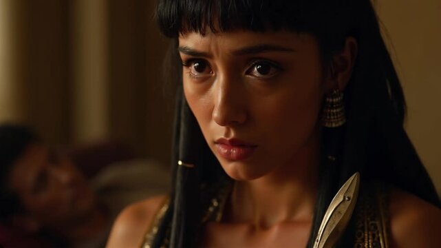 Hyper-realistic close-up of Cleopatra holding a dagger, deep in thought. Her expression reveals sorrow and defiance as she contemplates her fate in the final days of her reign.