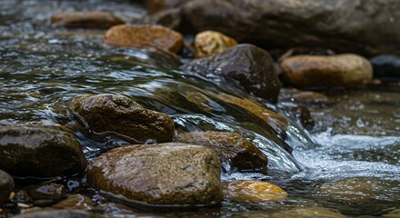 Obraz premium Clear Water Stream Flowing Over Smooth Rocks