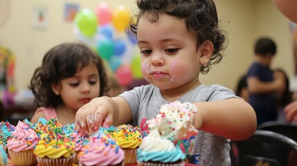 Fototapeta premium A child carefully decorating cupcakes with colorful frosting and sprinkles, while another child watches eagerly. The moment is filled with creativity and sweetness.