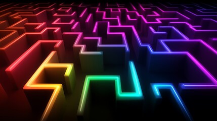 Colorful gradient 3d rainbow neon lights maze dark background illustration background