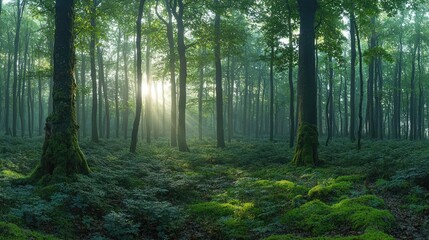 Obraz premium Rustic woods nature idea. Serene forest scene with sunlight filtering through green trees and lush undergrowth.