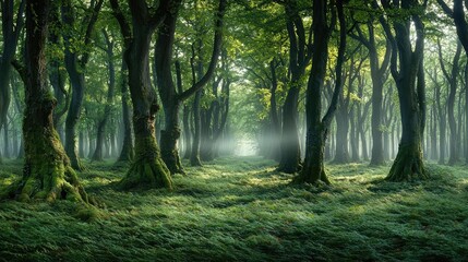 Obraz premium Rustic woods nature idea. Serene forest landscape with lush greenery and soft morning light filtering through trees.