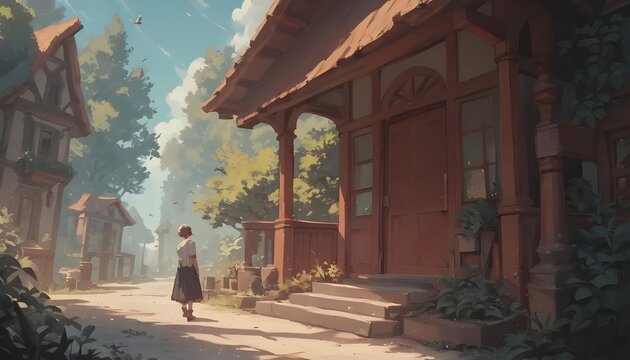 La ni&ntilde;a frente a la casa del gigante.