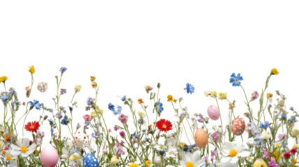 Colorful easter eggs hiding in a field of wildflowers with transparent background