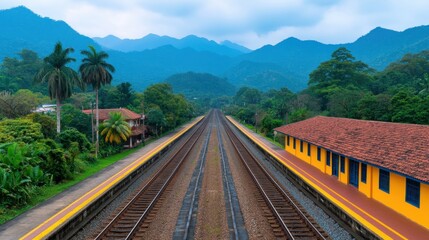 Fototapeta premium A bustling rural train station amidst a lush tropical jungle landscape