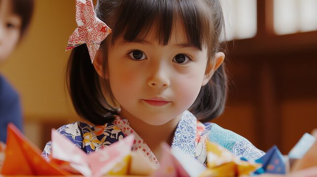 A child learning to make origami, following traditional ese folding techniques. The atmosphere is educational, artistic, and filled with the wonder of cultural exploration.