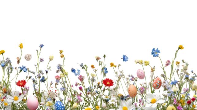 Colorful easter eggs hiding in a field of wildflowers with transparent background