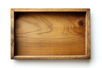 Empty wooden tray, white background, food serving, mockup
