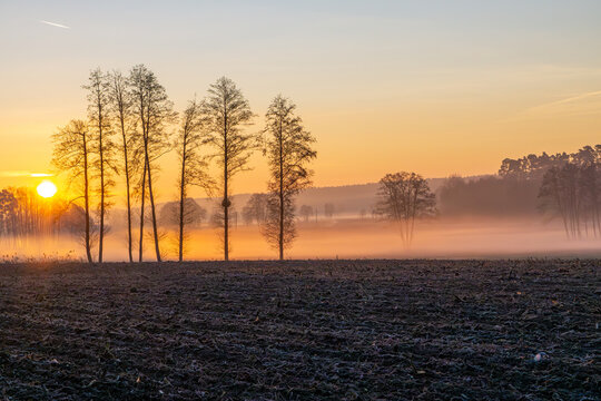 foggy winter autumn morning in the countryside far from the city. low fog hanging over the fields next to the forest. small flowing river. idyllic landscape. spectacular colorful sunrise.