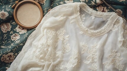 A delicate flatlay composition featuring a lace detailed t shirt mockup complemented by intricate embroidery hoops vintage floral fabric samples and delicate threadwork