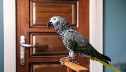 Obraz premium A gray parrot with yellow feathers watches its surroundings from a railing.