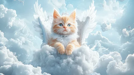 Plexiglas schilderij  A funny cat with tiny wings and a royal cape, sitting like a king on a throne of clouds, painted in a quirky, fantasy-inspired style.  © Rinowz