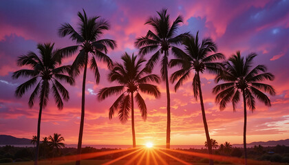 Silhouetted palm trees against vibrant sunset sky, tropical serenity