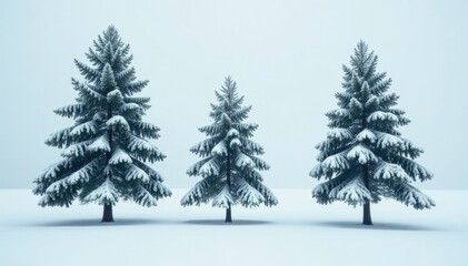 Obraz premium Three tall trees in a white snowy landscape with frosty atmosphere and icy mist, mist, evergreen, peaceful