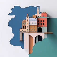 Obraz premium Сonceptual paper collage style cut paper, real estate and travel theme, minimalist shapes and limited paper colors 