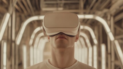 Man in VR headset, futuristic corridor, exploring virtual reality