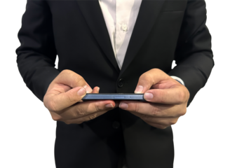  Man looking at the mobile phone screen front view with white isolated transparent background. Business person, using smartphone, technology, copy space.