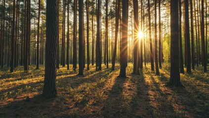 Obraz premium Golden Hour in the Pine Forest: A Serene Sunset Landscape