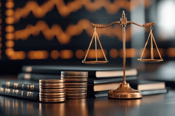 A golden scales of justice balanced on a desk with stacks of law books and a glowing exchange symbol representing the legal system financial regulations and the balance of power in the courtroom