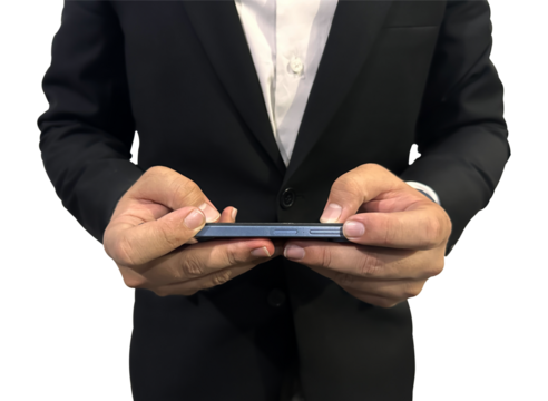  Man looking at the mobile phone screen front view with white isolated transparent background. Business person, using smartphone, technology, copy space.