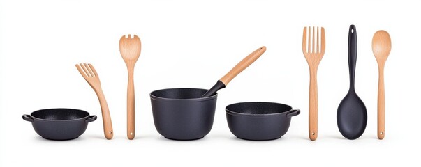Assorted set of black and wooden kitchen utensils and cookware including spoon fork spatula ladle and bowls arranged on a minimalist countertop  Flat lay composition for cooking baking