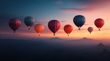 Fototapeta premium A captivating scene of a surreal hot air balloon festival set against the backdrop of a breathtaking sunset