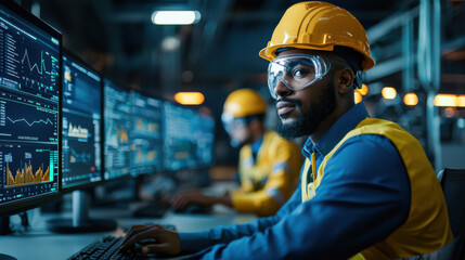 Industrial control room with engineers monitoring data on screens. Focused expressions show dedication to their work