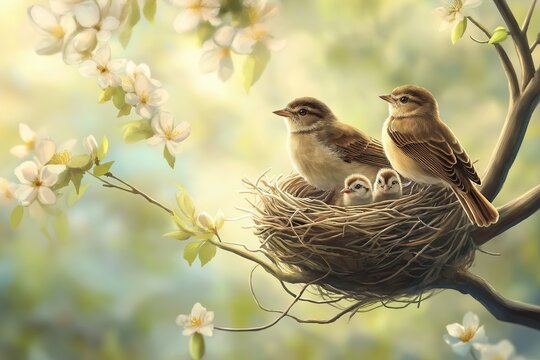 Two adult birds with their chicks in a nest in the crowns of a flowering tree. Spring concept, birds breeding.