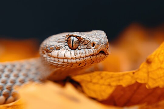 A dramatic close up shot of a venomous snake slithering through its natural habitat revealing its intricate scales piercing eyes and coiled body language