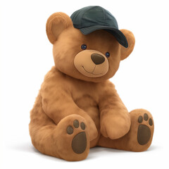 Brown teddy bear in black cap on isolated white background