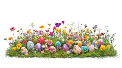 Colorful easter eggs hiding in a field of wildflowers on transparent background