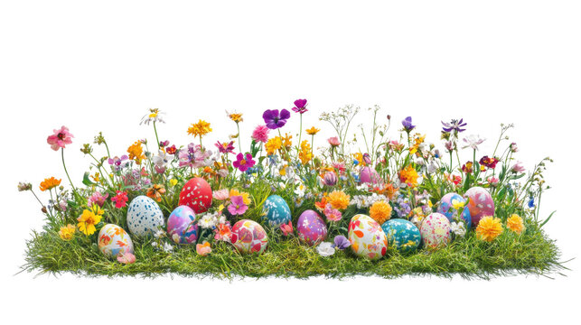 Colorful easter eggs hiding in a field of wildflowers on transparent background