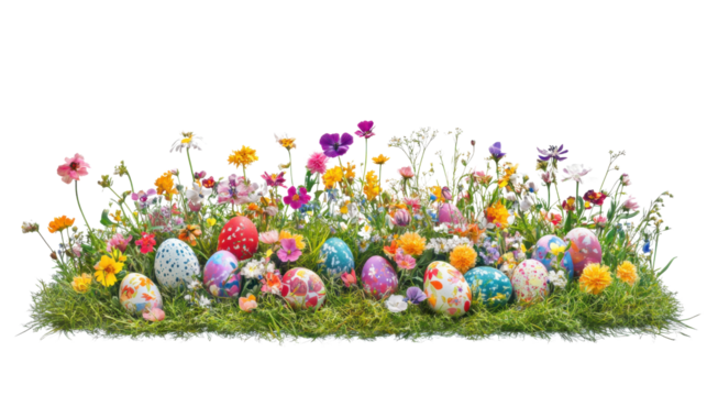 Colorful easter eggs hiding in a field of wildflowers on transparent background