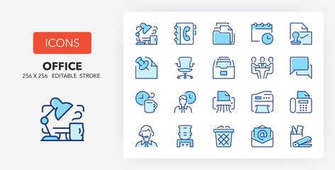 Line icons about office. Contains such icons as workplace, stationery, meeting room and more. 256x256 Pixel Perfect editable in two colors