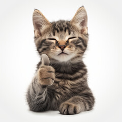 Funny grey kitten with thumb up isolated on white background