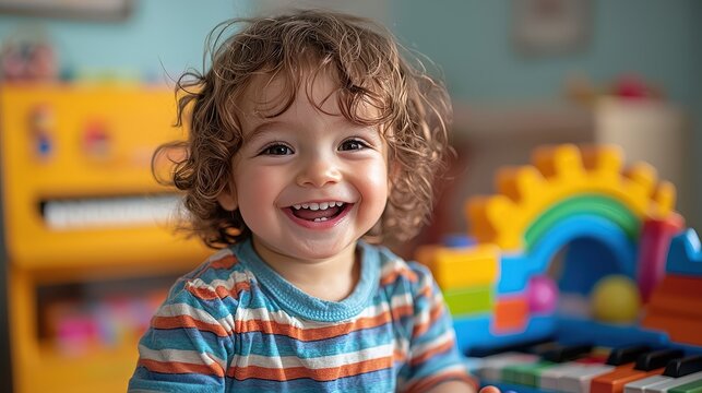 A smiling child playing a toy piano, surrounded by musical toys in a playful, modern setting. - Powered by Adobe