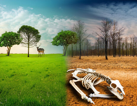 landscape with half an arid field on which is a dead animal skeleton and dry trees, and half a field with green grass and green trees and grazing deer. Green versus polluted nature