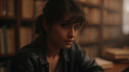Blurred interior of a library with a young woman in a black leather jacket, behind her there are many books on the shelves