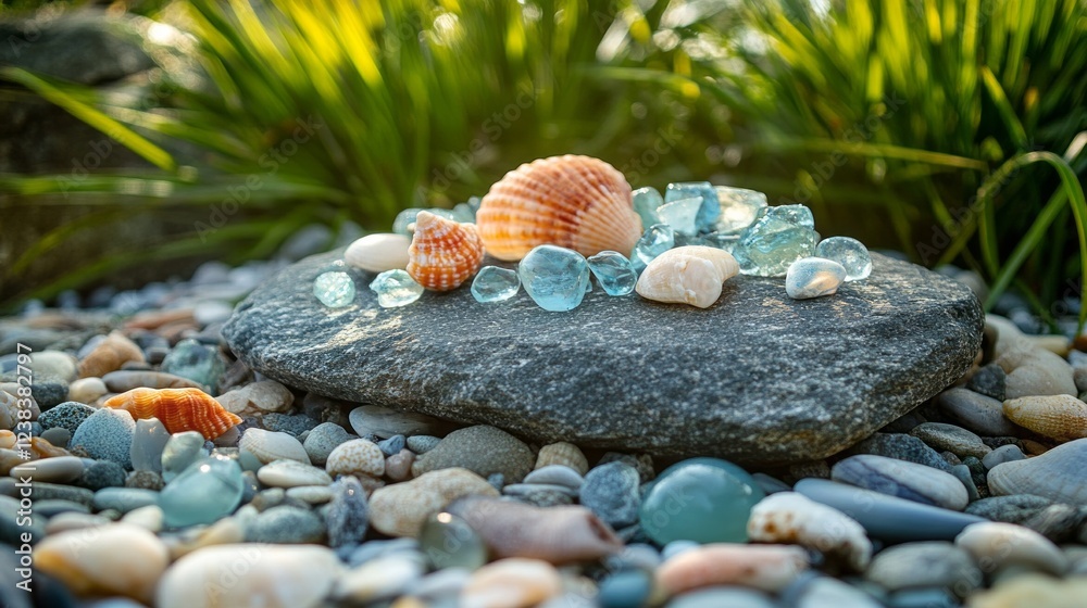 Poster seashells and shimmering glass gems are artistically placed on a flat stone amidst a variety of pebb
