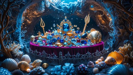 Naklejka premium Underwater treasure display featuring gems, pearls, and ornate decorations in a vibrant oceanic setting