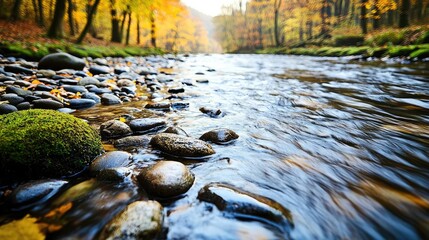 Rustic woods nature idea. A serene river flowing amongst smooth stones and vibrant autumn foliage.