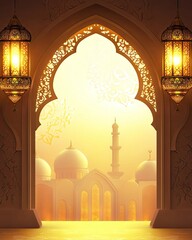 Golden Mosque Gateway: A Serene Islamic Architectural Masterpiece at Dawn.
