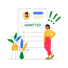 University Admission Success. Flat Vector Illustration Of Academic Achievement, Higher Education Enrollment, Student Application Approval, And Educational Milestone, Isolated On White