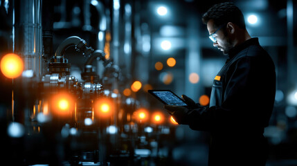 Industrial worker using tablet in factory with glowing equipment