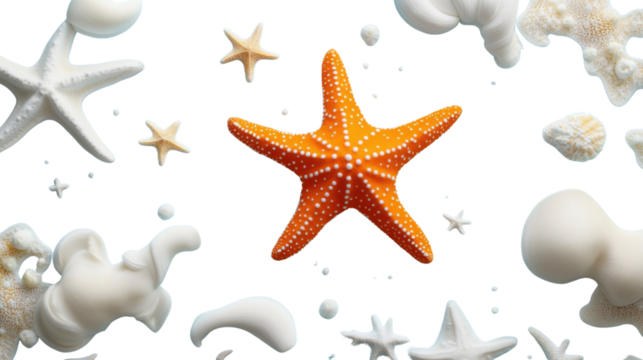 Orange and white starfishes floating with seashells on transparent background