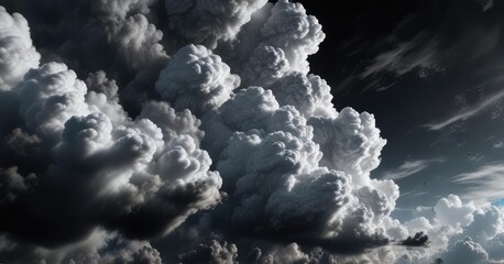 Towering cumulus clouds against a deep and inky black background, towering, inky, black