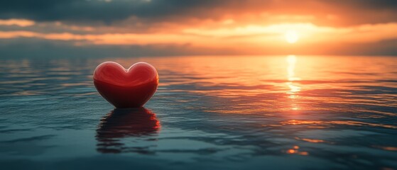 Fototapeta premium A Red Heart Sits On Calm Water At Sunset.