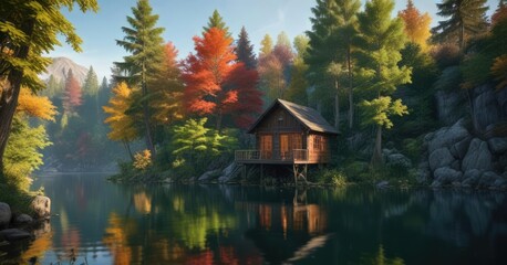 Towering trees and vines cover a small cabin nestled on the edge of a tranquil lake, lake, rural
