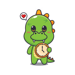 dinosaur mascot cartoon character vector illustration with clock.