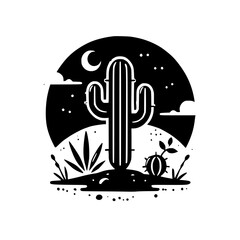 Majestic Desert Night: A Minimalist Cactus Illustration.  Black and white graphic art, showcasing a desert landscape under a starry night sky.